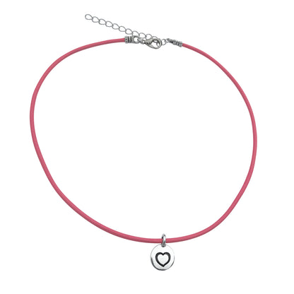 Dragonweave Heart Circle Charm Necklace and Earring Set, Silver Plated Pink Leather Choker and Leverback Earrings
