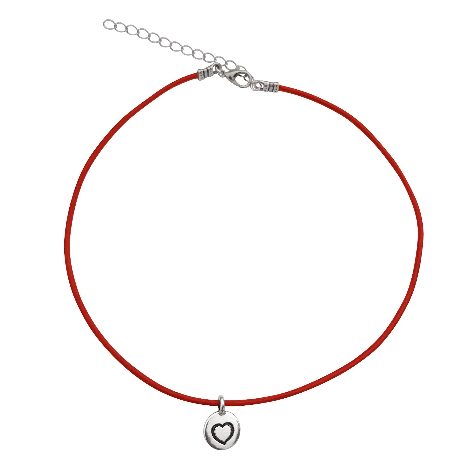 Dragonweave Heart Circle Charm Necklace and Earring Set, Silver Plated Red Leather Choker and Leverback Earrings