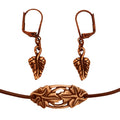 Dragonweave Elven Ivy Charm Necklace and Earring Set, Antique Copper Brown Leather Choker and Leverback Earrings