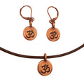 Dragonweave Om/ohm Symbol Circle Charm Necklace and Earring Set, Antique Copper Brown Leather Choker and Leverback Earrings