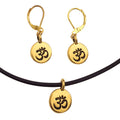 Dragonweave Om/ohm Symbol Circle Charm Necklace and Earring Set, Gold Plated Black Leather Choker and Leverback Earrings