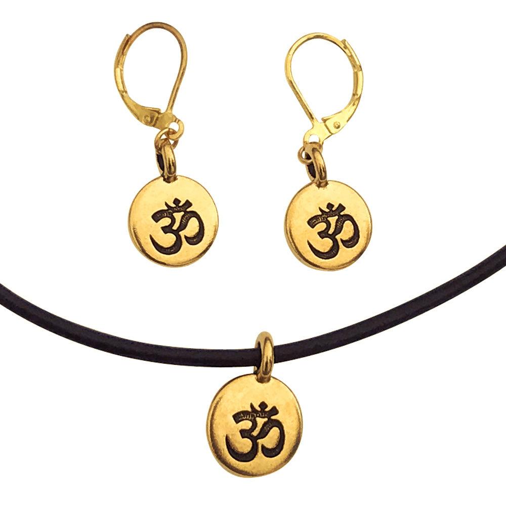 Dragonweave Om/ohm Symbol Circle Charm Necklace and Earring Set, Gold Plated Black Leather Choker and Leverback Earrings