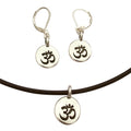 Dragonweave Om/ohm Symbol Circle Charm Necklace and Earring Set, Silver Plated Black Leather Choker and Leverback Earrings