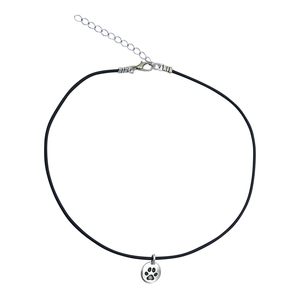 Dragonweave Paw Circle Charm Necklace and Earring Set, Silver Plated Black Leather Choker and Leverback Earrings