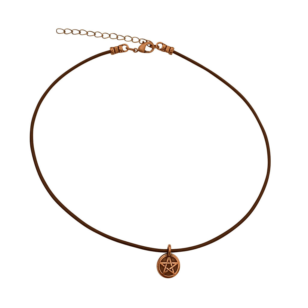 Dragonweave Pentagram Circle Charm Necklace and Earring Set, Antique Copper Brown Leather Choker and Leverback Earrings