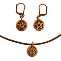 Dragonweave Pentagram Circle Charm Necklace and Earring Set, Antique Copper Brown Leather Choker and Leverback Earrings