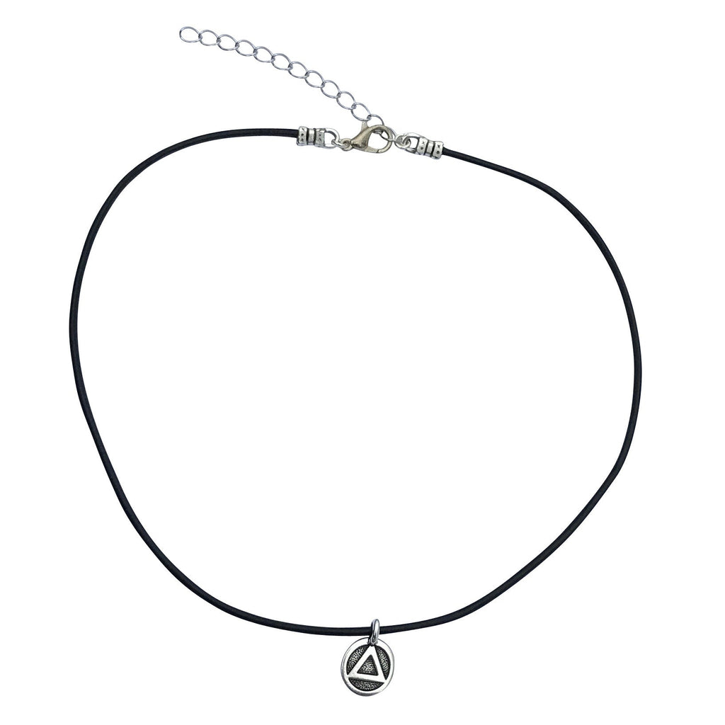 Dragonweave Recovery Triangle Circle Charm Necklace and Earring Set, Silver Plated Black Leather Choker and Leverback Earrings