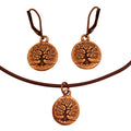 Dragonweave Tree Circle Charm Necklace and Earring Set, Antique Copper Brown Leather Choker and Leverback Earrings