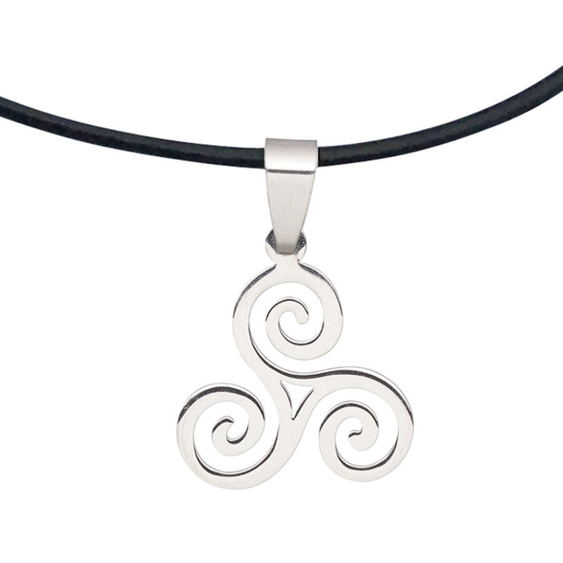 Dragonweave Steel Celtic Triskele Spiral Pendant Necklace on Black Leather Cord, Adjustable