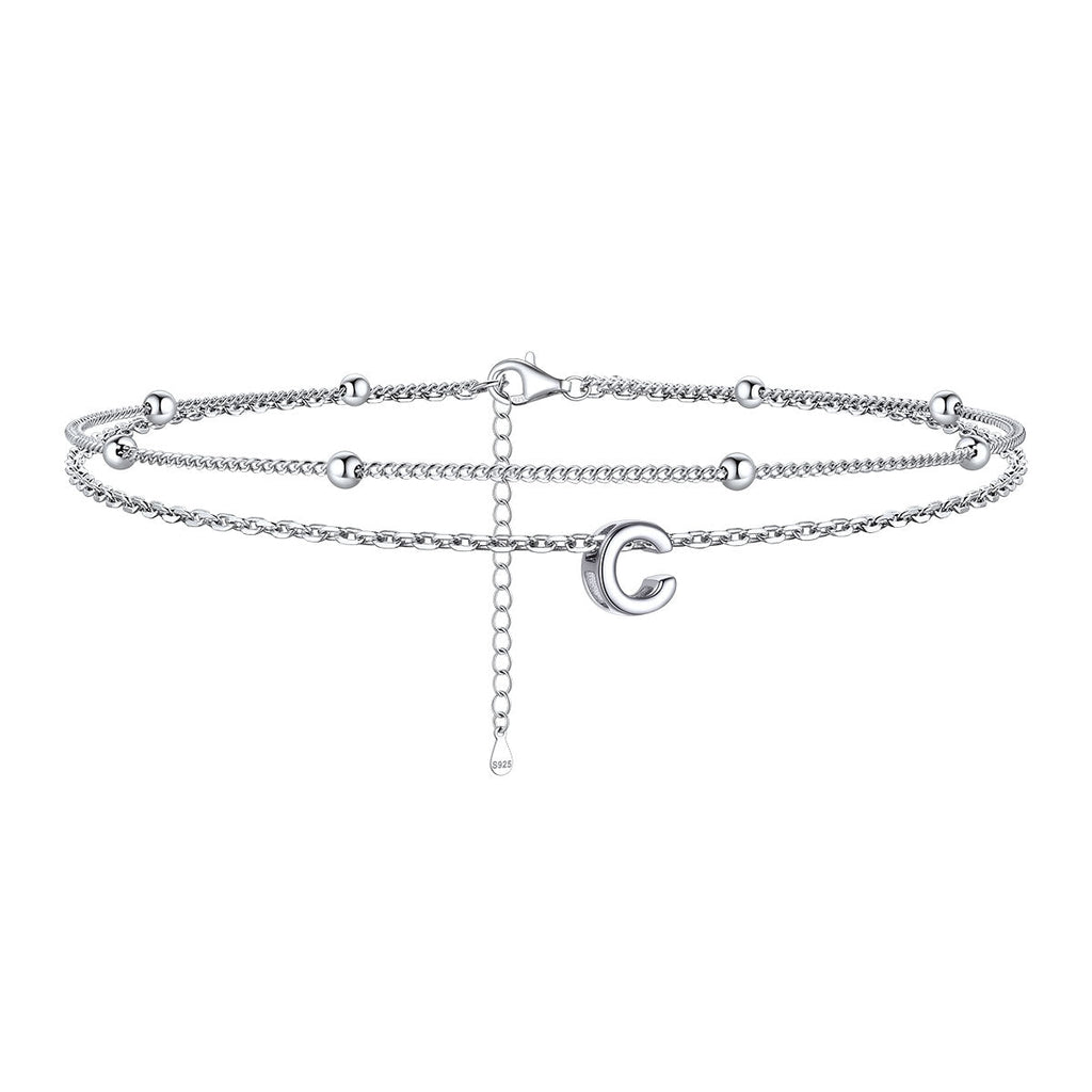 925 Sterling Silver Bead Chain Layered Initial Anklets for Girlfriend Gift