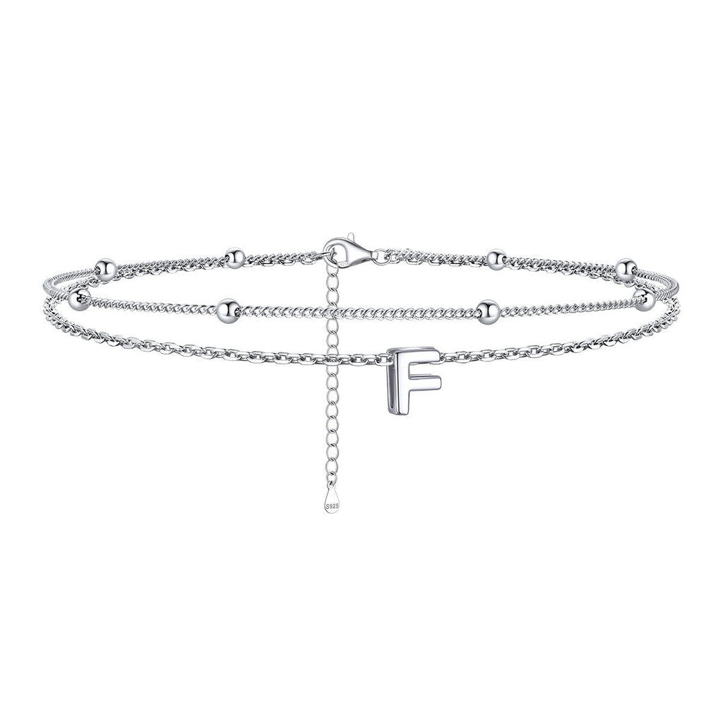 925 Sterling Silver Bead Chain Layered Initial Anklets for Girlfriend Gift
