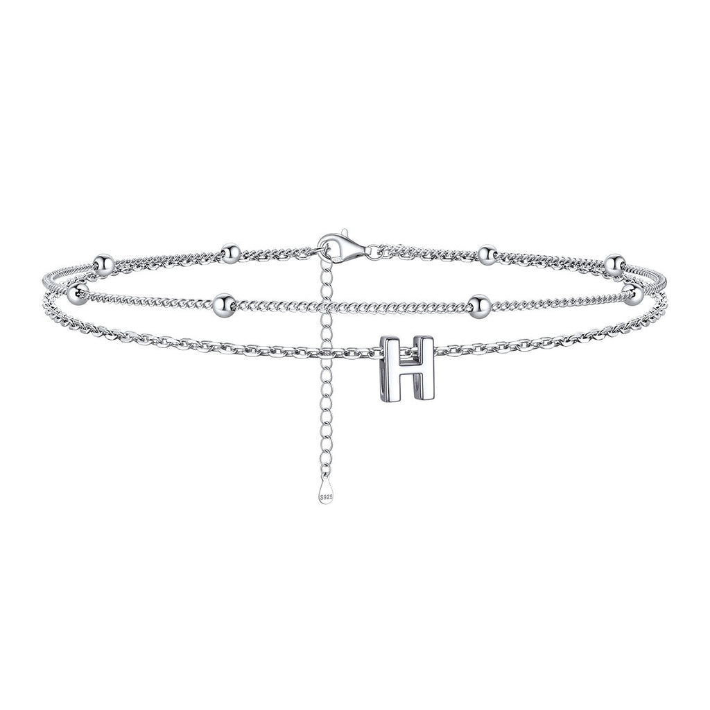 925 Sterling Silver Bead Chain Layered Initial Anklets for Girlfriend Gift