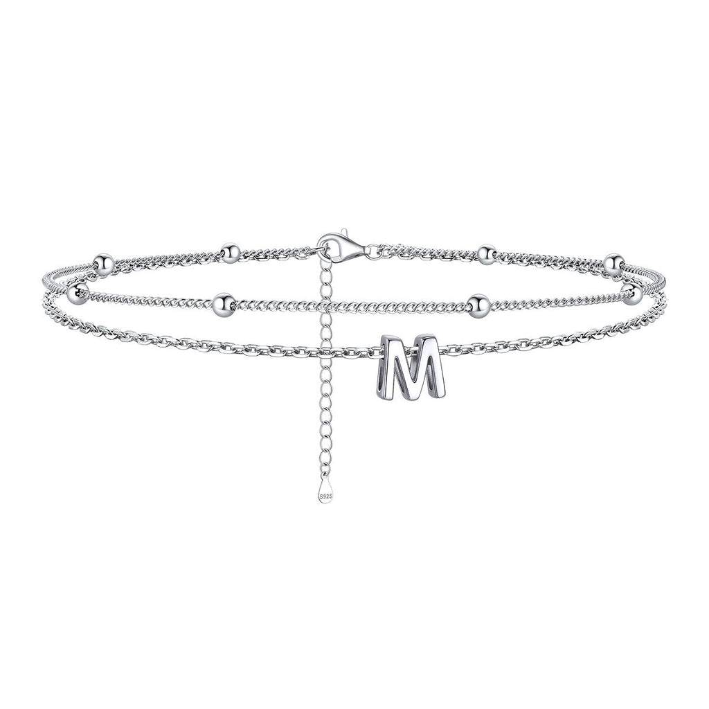 925 Sterling Silver Bead Chain Layered Initial Anklets for Girlfriend Gift