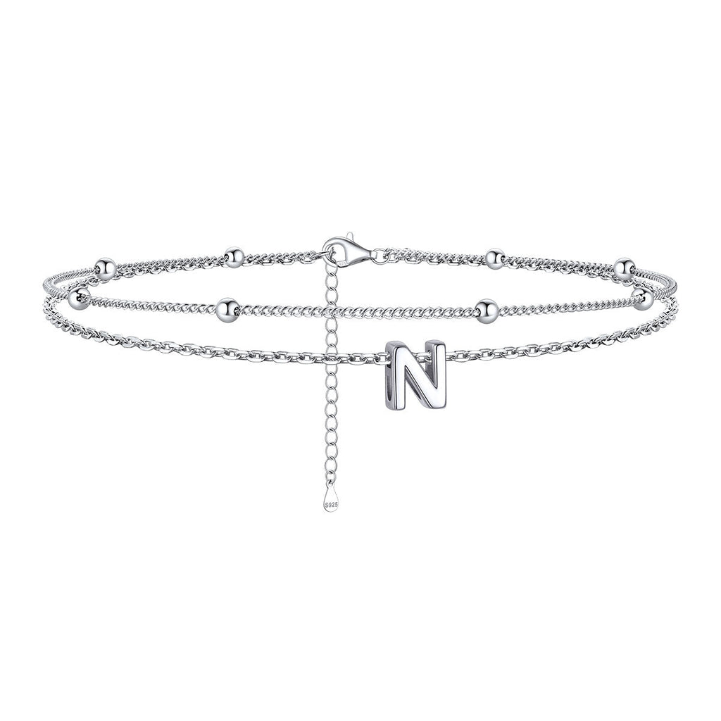 925 Sterling Silver Bead Chain Layered Initial Anklets for Girlfriend Gift