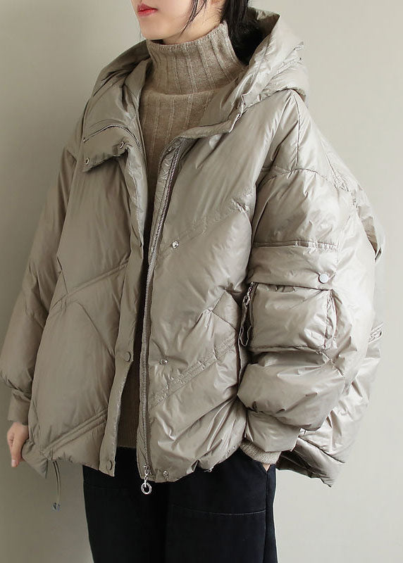 Beige Hooded Drawstring Duck Down Jacket Winter