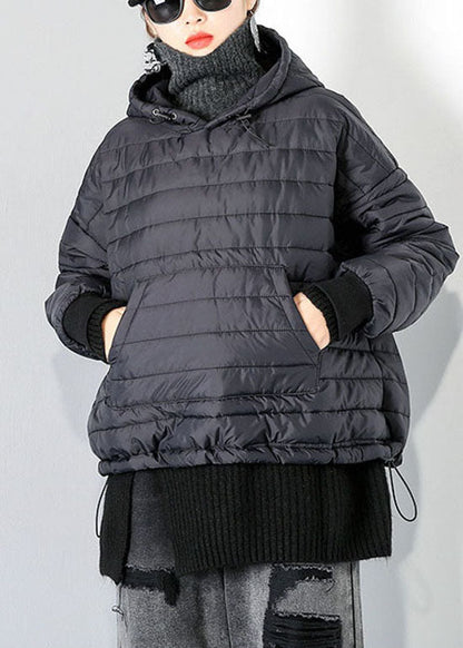 Black Drawstring Hooded Pockets Fine Cotton Filled Tops Winter