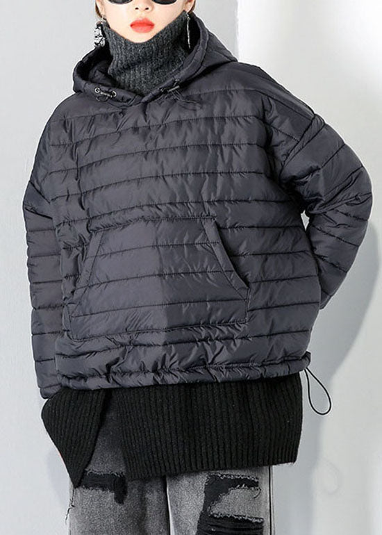 Black Drawstring Hooded Pockets Fine Cotton Filled Tops Winter