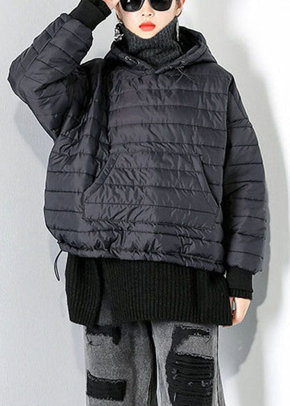 Black Drawstring Hooded Pockets Fine Cotton Filled Tops Winter