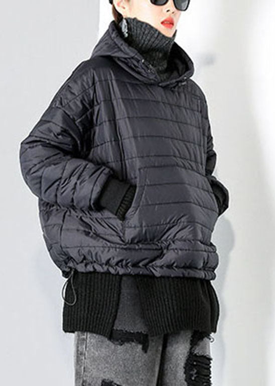 Black Drawstring Hooded Pockets Fine Cotton Filled Tops Winter