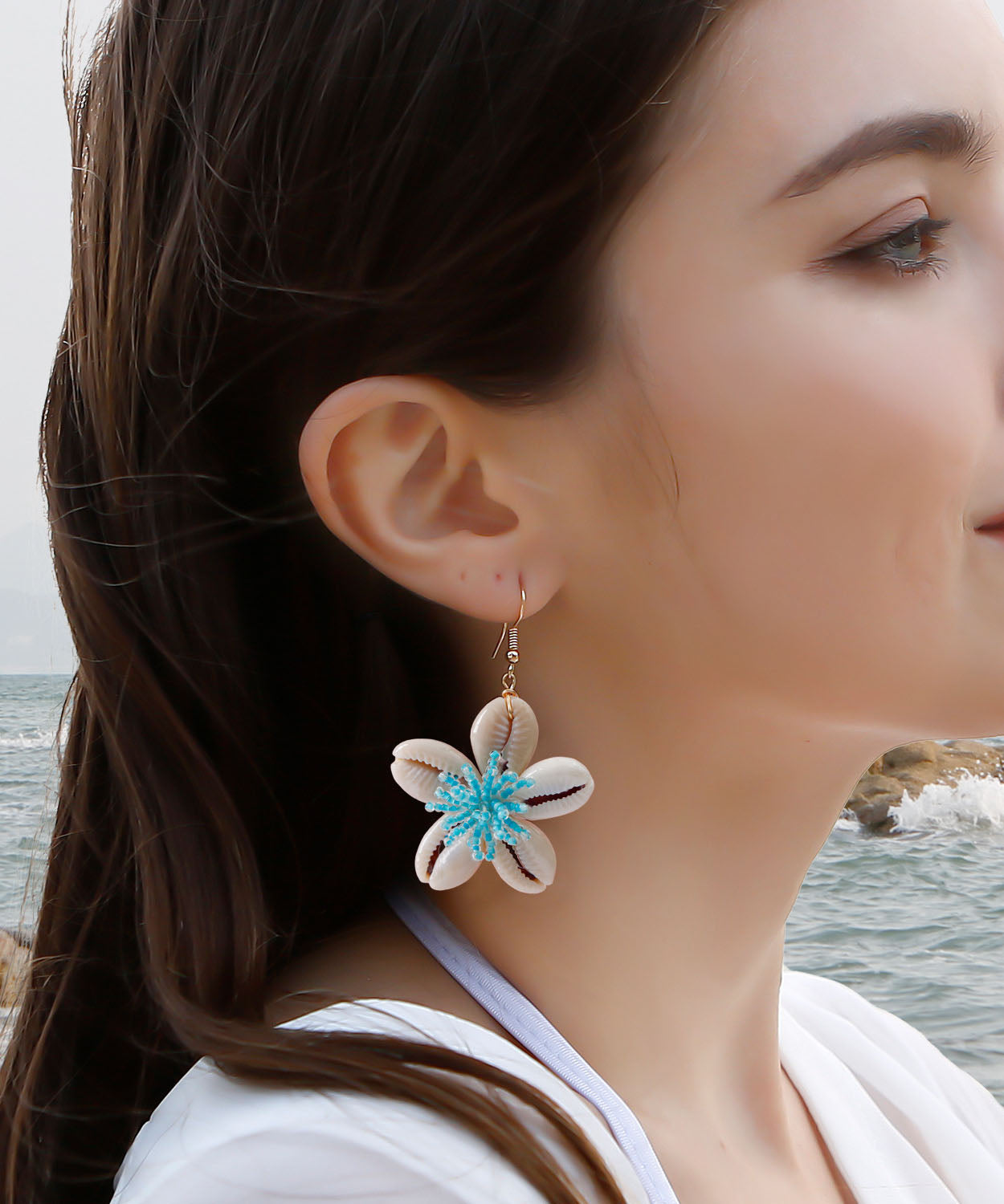 Blue Knit Fabric Shell Drop Earrings
