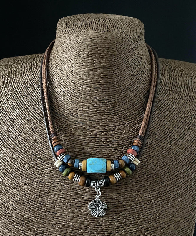 Faux Leather Alloy Turquoise Pendant Necklace