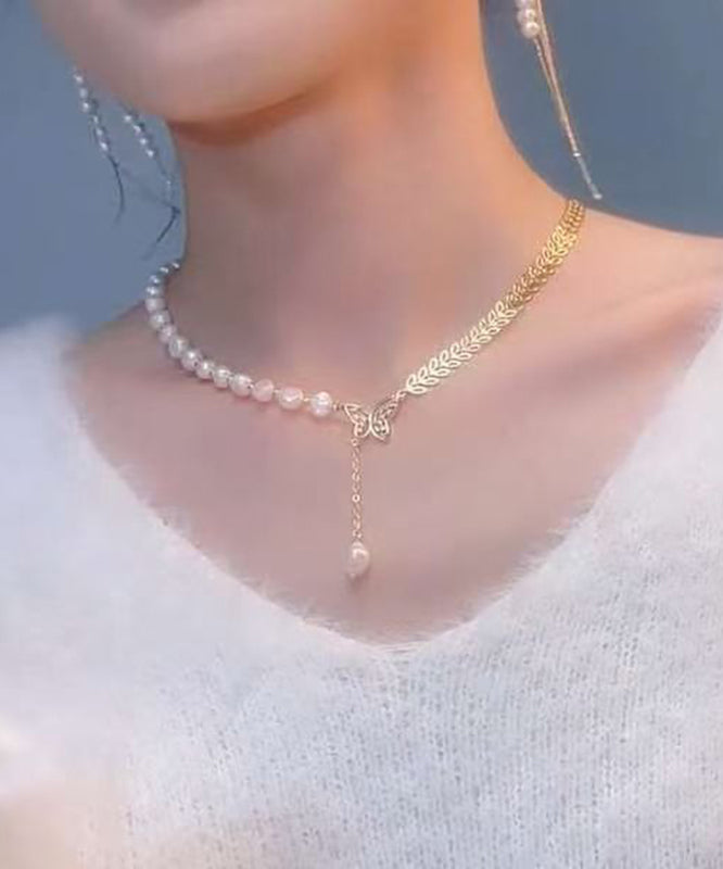 Gold Alloy Zircon Pearl Butterfly Ear of Wheat Pendant Necklace