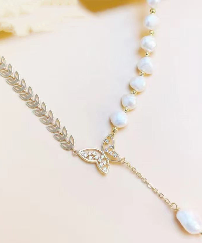 Gold Alloy Zircon Pearl Butterfly Ear of Wheat Pendant Necklace