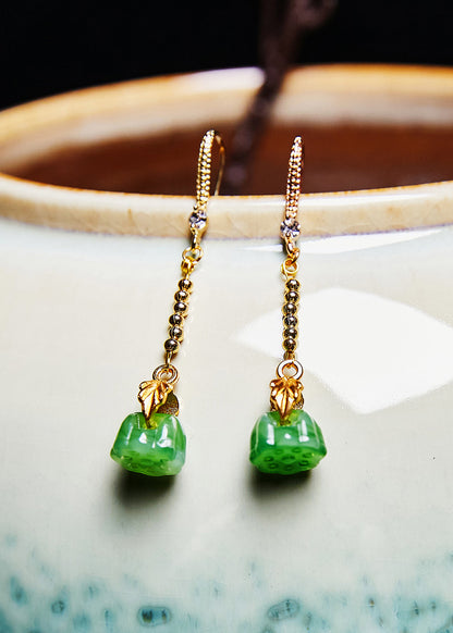 Green Lotus Seedpod Jade Gilding Drop Earrings
