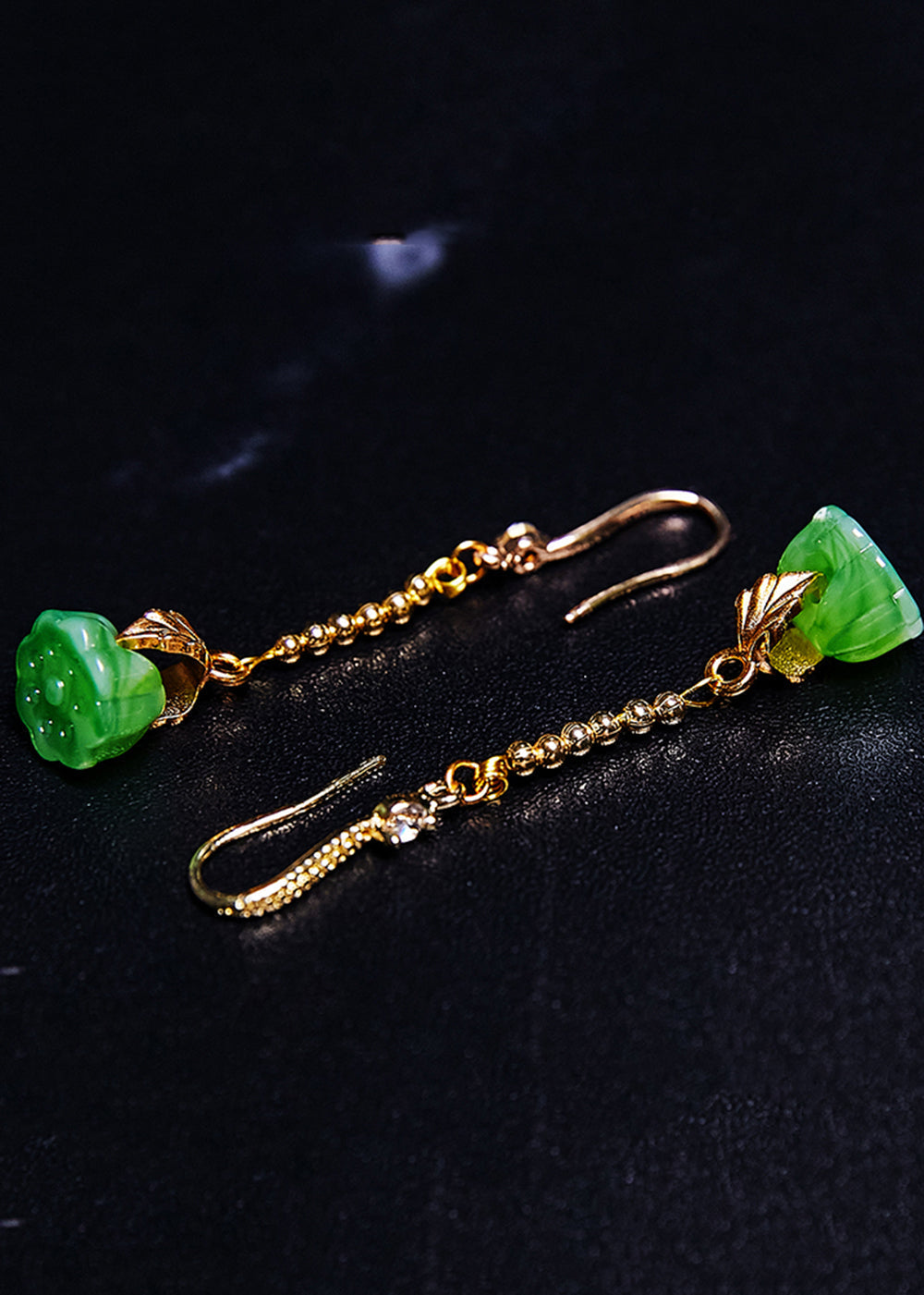 Green Lotus Seedpod Jade Gilding Drop Earrings