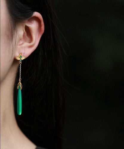 Green Sterling Silver Green Agate Water Drop Tassel Drop Earrings Tw1058