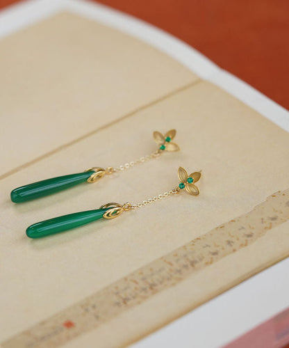 Green Sterling Silver Green Agate Water Drop Tassel Drop Earrings Tw1058