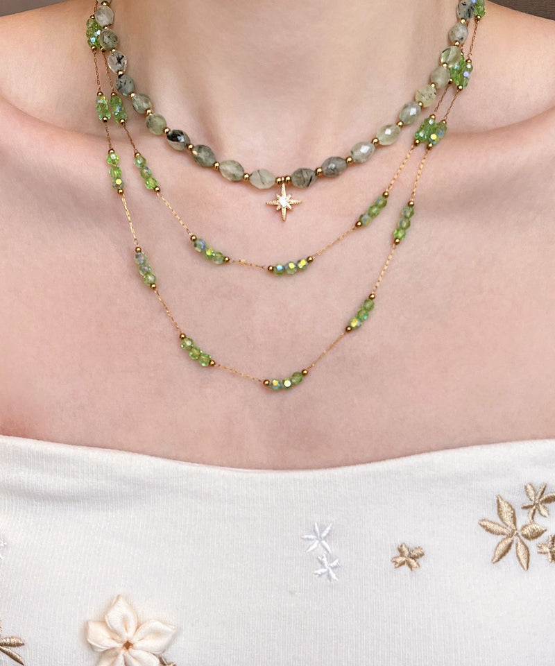 Green String Beads Layering Alloy Two Piece Set Necklace
