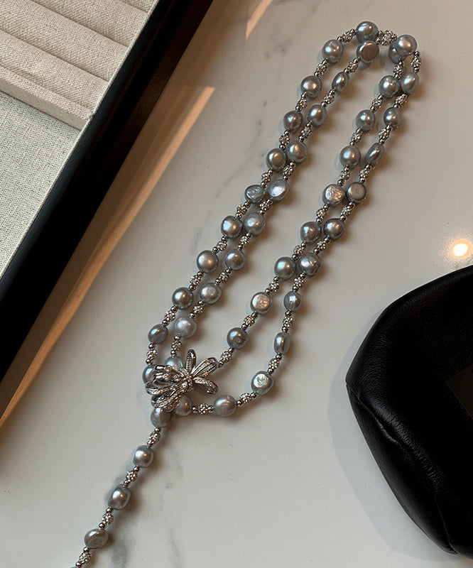 Grey Bow Multi-layer Pearl Necklace