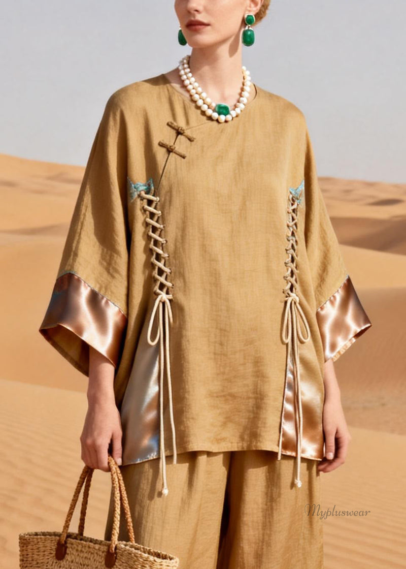 Khaki O Neck Drawstring Patchwork Shirt and Crop Pants Silk Linen Two Pieces Set
