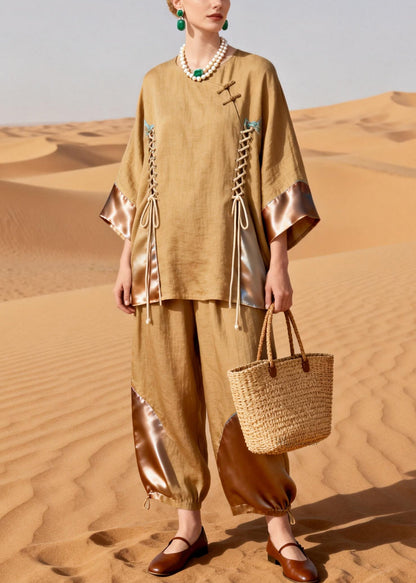 Khaki O Neck Drawstring Patchwork Shirt and Crop Pants Silk Linen Two Pieces Set