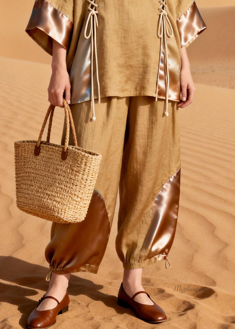 Khaki O Neck Drawstring Patchwork Shirt and Crop Pants Silk Linen Two Pieces Set