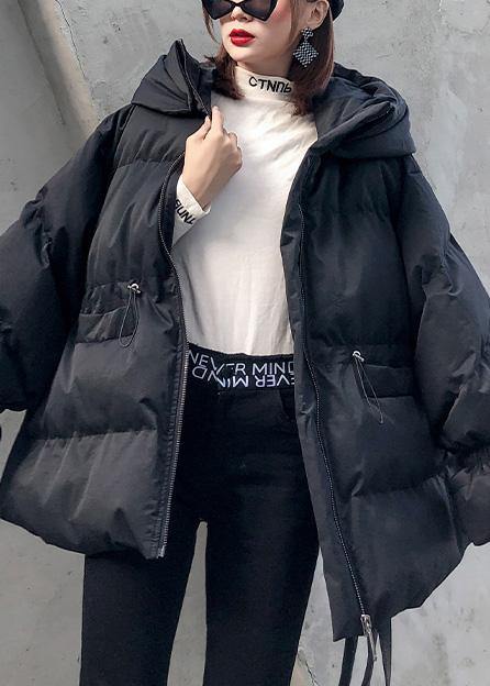 Loose Fitting Winter Jacket Drawstring Coats Black Hooded Parka
