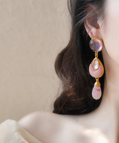 Pink Sterling Silver Overgild Crystal Coloured Glaze Water Drop Drop Earrings Gh1069