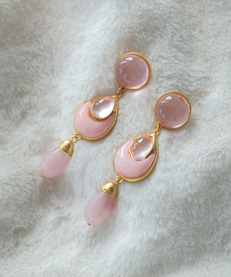 Pink Sterling Silver Overgild Crystal Coloured Glaze Water Drop Drop Earrings Gh1069