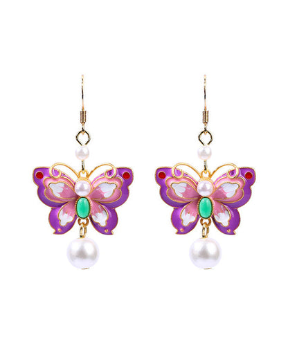 Purple Copper Overgild Acrylic Pearl Butterfly Drop Earrings