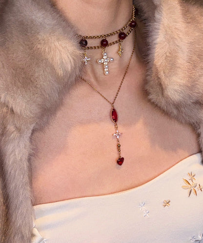 Red Cat's Eye Cross Layering Alloy Two Piece Set Pendant Necklace