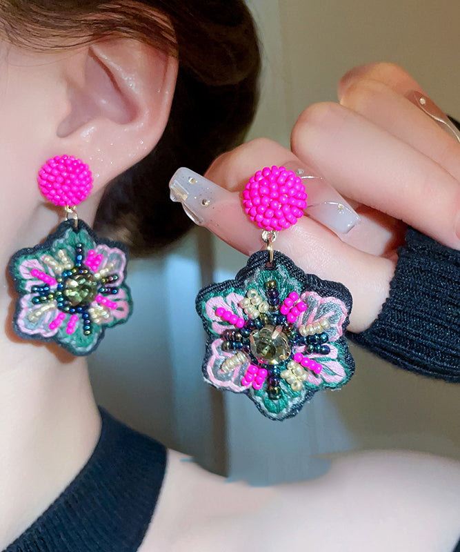 Rose Hand Woven Alloy Beads Embroidery Drop Earrings Gh1023