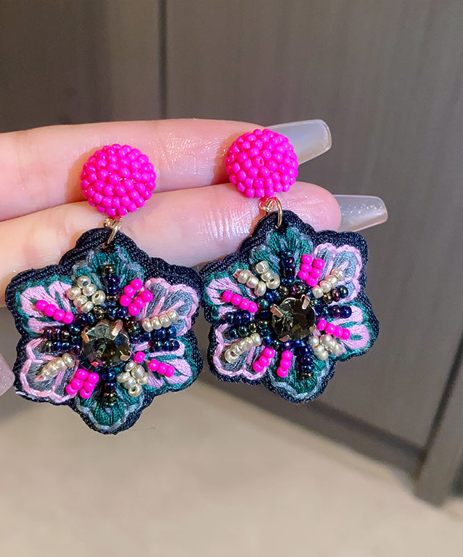 Rose Hand Woven Alloy Beads Embroidery Drop Earrings Gh1023