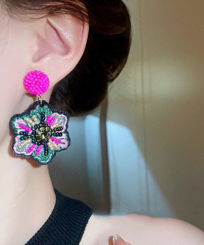 Rose Hand Woven Alloy Beads Embroidery Drop Earrings Gh1023