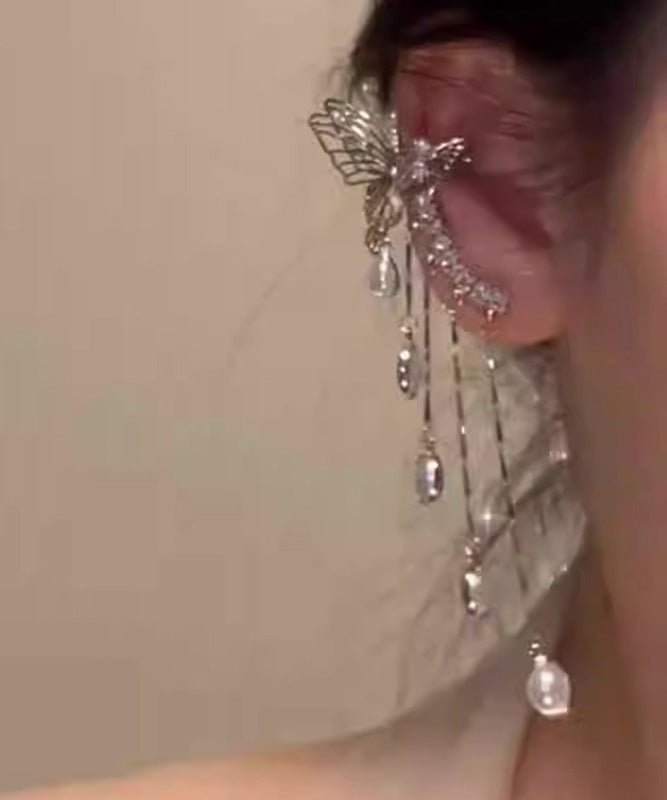 Silk Copper Zircon Pearl Butterfly Tassel Drop Earrings
