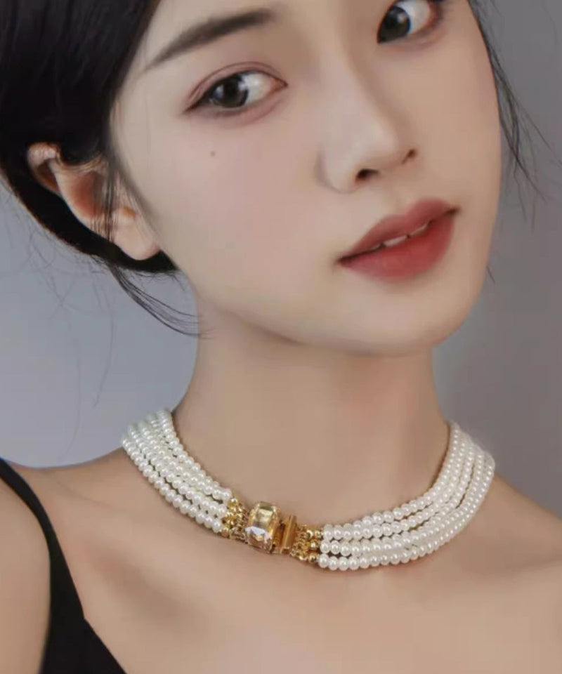 White Alloy Multi Layer Pearl Princess Necklace Qu024