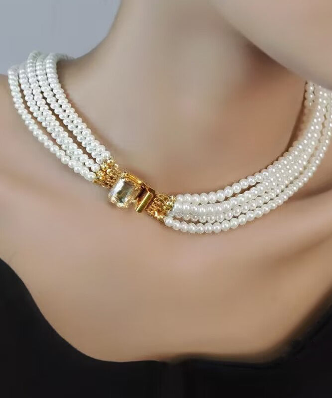 White Alloy Multi Layer Pearl Princess Necklace Qu024
