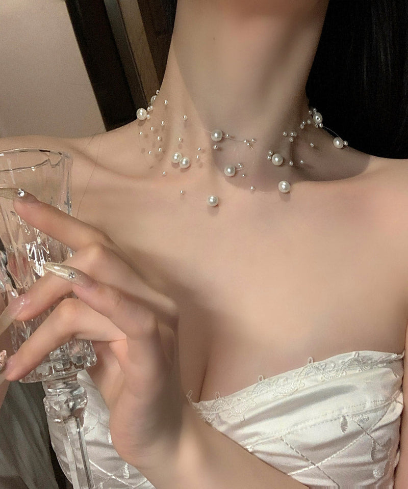 White Alloy Multi Layer Pearl Starry Sky Princess Necklace Ya025
