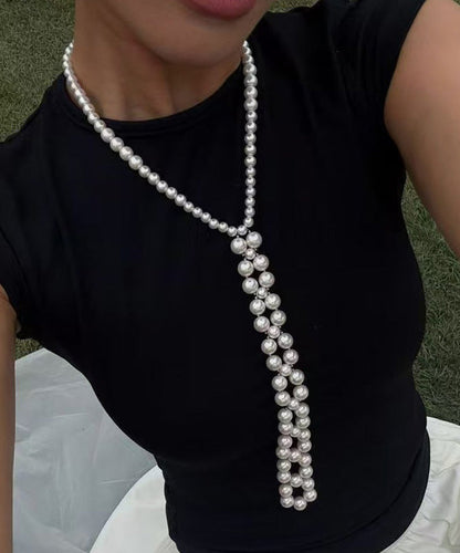 White Alloy Pearl Sweater Gratuated Bead Necklace