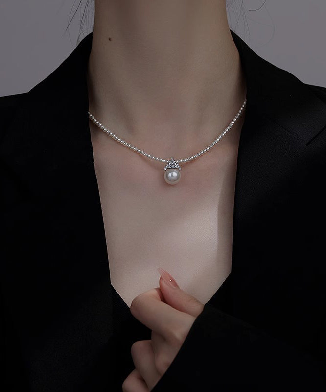 White Alloy Zircon Pearl Pendant Necklace Ra003